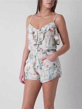 Billabong “Dream Escape” Floral Ruffle Spaghetti Strap Romper